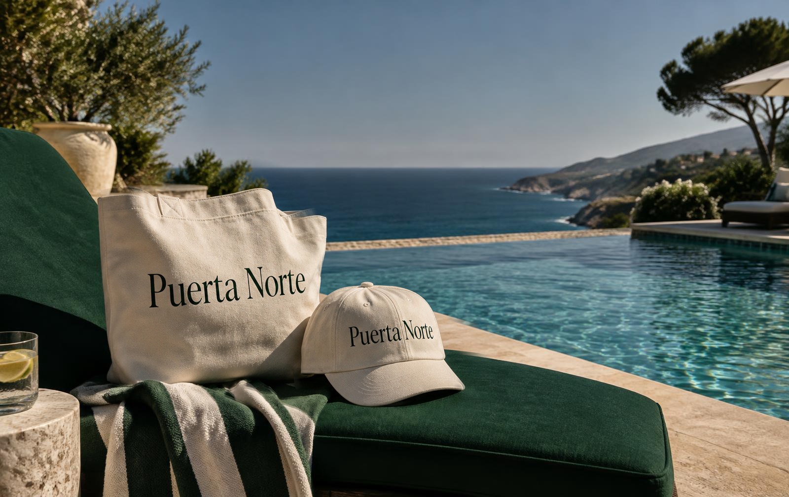 Bolsa y gorra Puerta Norte junto a la alberca frente al mar